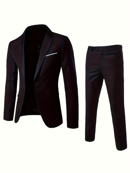 2pcs Men's Elegant Business Casual Suit Set - Includes Classic Lapel Blazer & Dress Pants, Polyester/Rayon Blend, with Pockets - Perfect for Weddings & Formal Occasions