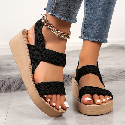 Serene Walk, Women's Summer Wedge Sandals - Comfortable Slip-On Beach Shoes with Elastic Ankle Straps, Round Toe Design, EVA Sole