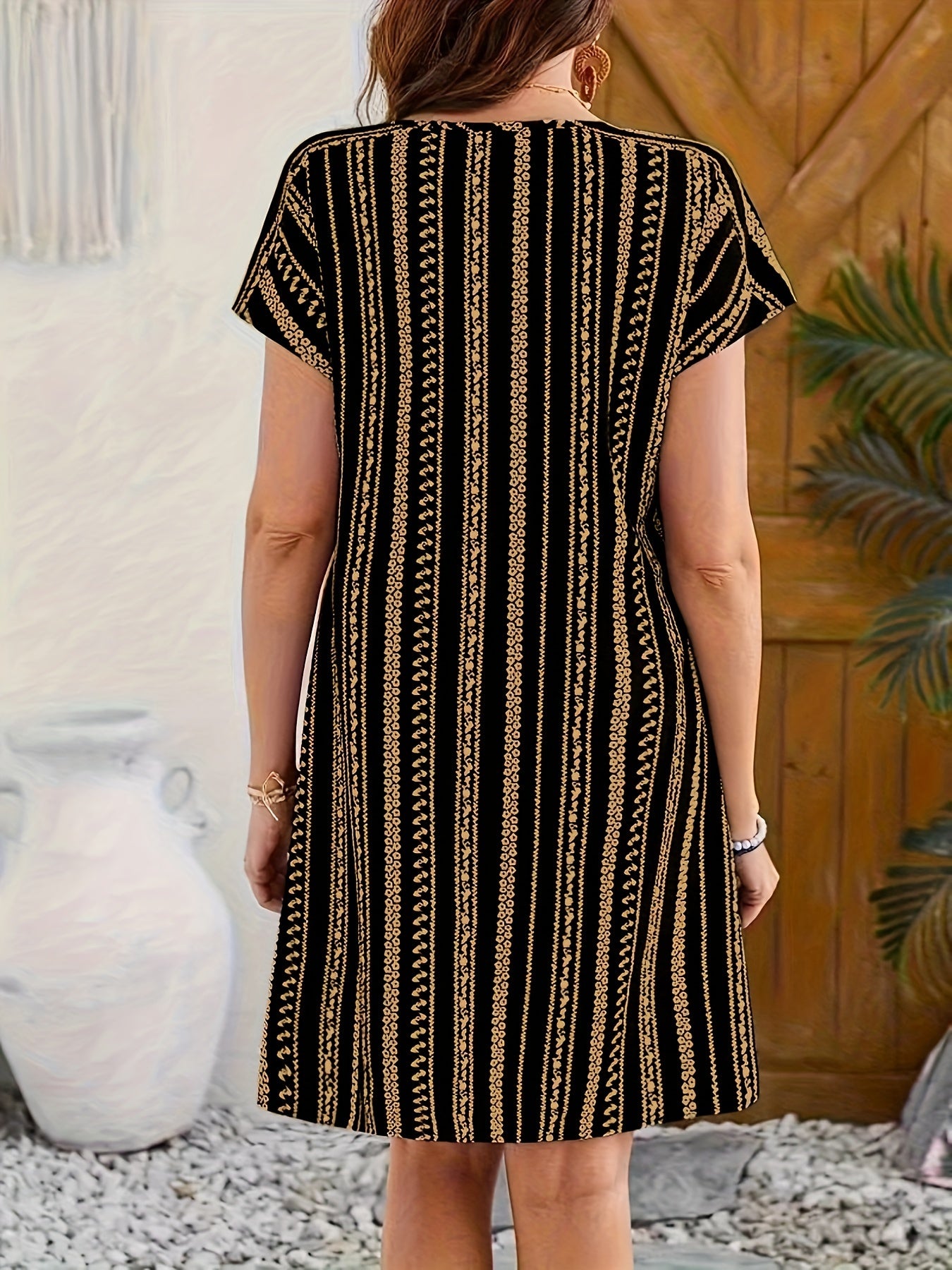 Ethnic Print V-neck Dress, Vacation Style Short Sleeve Slim Fit Dress For Spring & Summer, Women's Clothing