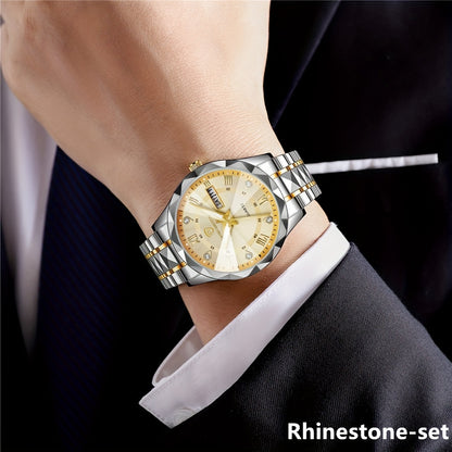 Fashionable Men'S Quartz Watch with a Diamond-shaped Dial, IPX7 Waterproof, Dual Calendar, Luminous Steel Strap, Business Watch