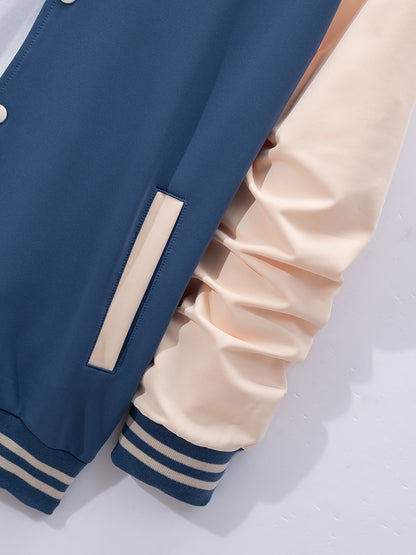Men'S Casual Baseball Collar Jacket and Pants Set, Color Block Long Sleeve Sweatshirt and Sweatpants, Polyester Woven Suit with Button Detail, Spring/Fall Collection