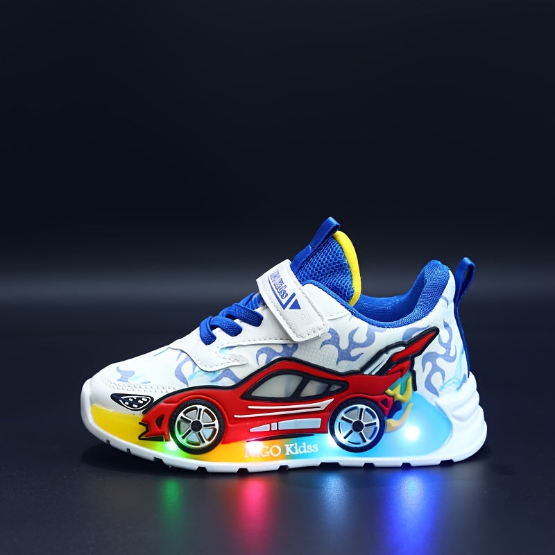 2024 Fall New Youngsters' Boys' Sports Shoes with Cartoon Flashing Lights - Youngsters' Light-Up Running Shoes, Thin, LED, for Ages 1-3-6, PVC Sole, EVA Insole, Hook & Loop Closure, Perfect for Casual Wear