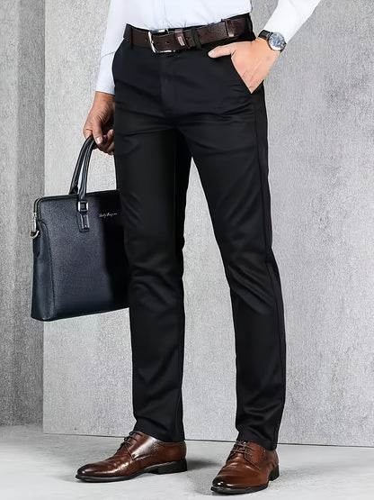 [Durable Build] Men's All-Season Casual Dress Pants - Business Style Stretch Trousers, Comfortable Classic Design, Light Brown Polyester Blend, Machine Washable, Smooth Finish, Regular Fit for Office or Leisure Wear