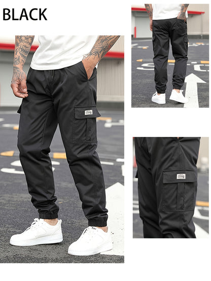 1pc Men'S Casual Polyester Cargo Pants - Mid Waist Elastic Joggers with Multiple Pockets, Non-Stretch Solid Color, Regular Fit for Weekend Wear - Spring/Fall Fashion Trousers