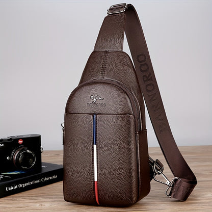 DARWNORO Men's Stylish PU Leather Sling Bag - Casual Shoulder & Crossbody Bag with Zipper Closure, Brown with White & Red Accents, Perfect for Daily Commute, Motorcycle Inspired Design, PU Leather Crossbody Bag