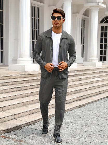 Men's Solid Waffle 2pcs Athletic Outfits, Zip-up Jacket & Pants co ord set for Outdoor Sports