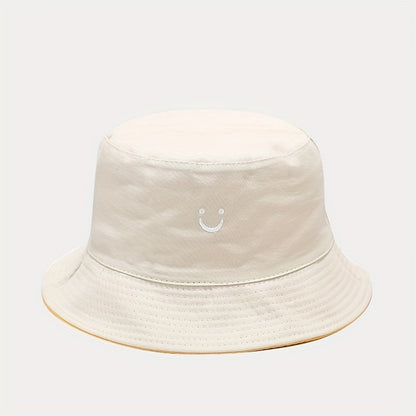 Unisex Black & White Fisherman Hat with joyful Face Embroidery - Double-Sided, Sporty Polyester Bucket Hat for Men and Women, Ideal for Outdoor Activities, Outdoor Hat | joyful Face Embroidery | Durable Headgear