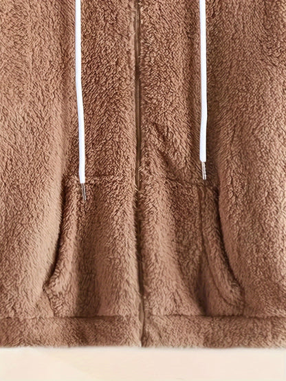 Cozy Fleece-Lined Hooded Jacket for Women - Casual Solid Color with Drawstring, Zip-Up Front, Long Sleeves - Perfect for Fall & Winter