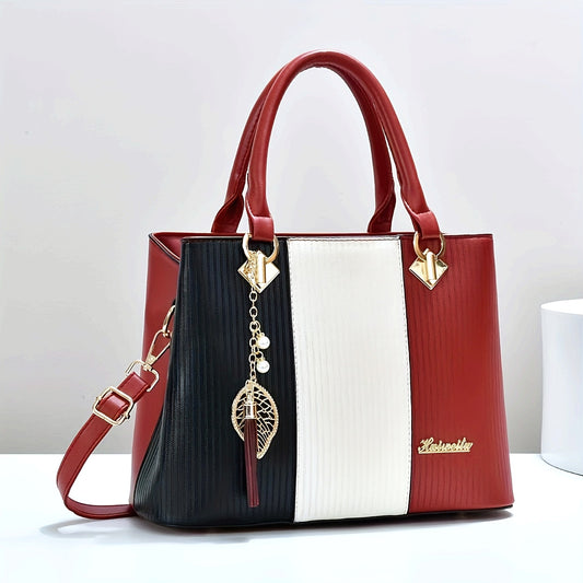Elegant Red & Black Striped Handbag with Golden Accents - Adjustable Shoulder Strap, Zipper Closure, Polyester Lining, Stylish Mom & Everyday Bag, Everyday Handbag|Striped Pattern Tote|Durable Handle Tote