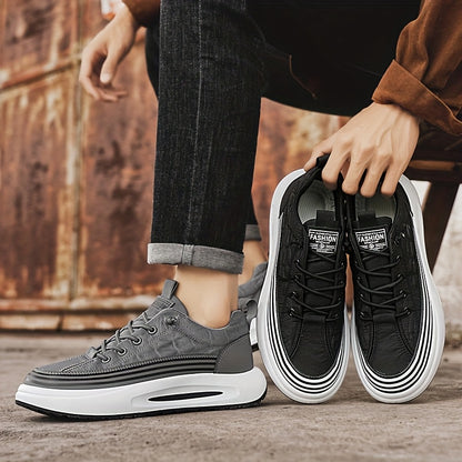 Men's Breathable Casual Sneakers - 2025 Spring New Design, Low-Top Elastic Lace-Up, Grey & White PU Upper with Cushioned EVA Insole & Durable PVC Sole for All-Season Outdoor Running, Gym, Daily Wear, Gym Shoes, Sleek Sporty D