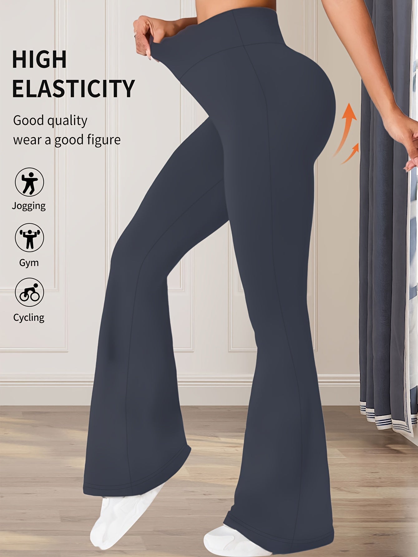 High-Waisted Flared Leggings for Women - Stretchy Black Polyester Pants with Tummy Control, Slimming Fit, and Breathable Design for Spring/Summer/Fall Casual Wear, Spring Summer Leggings | Fitted Leggings | Elastic Waistband