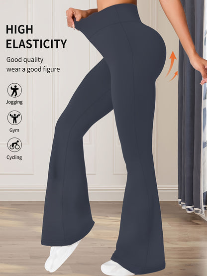 High-Waisted Flared Leggings for Women - Stretchy Black Polyester Pants with Tummy Control, Slimming Fit, and Breathable Design for Spring/Summer/Fall Casual Wear, Spring Summer Leggings | Fitted Leggings | Elastic Waistband