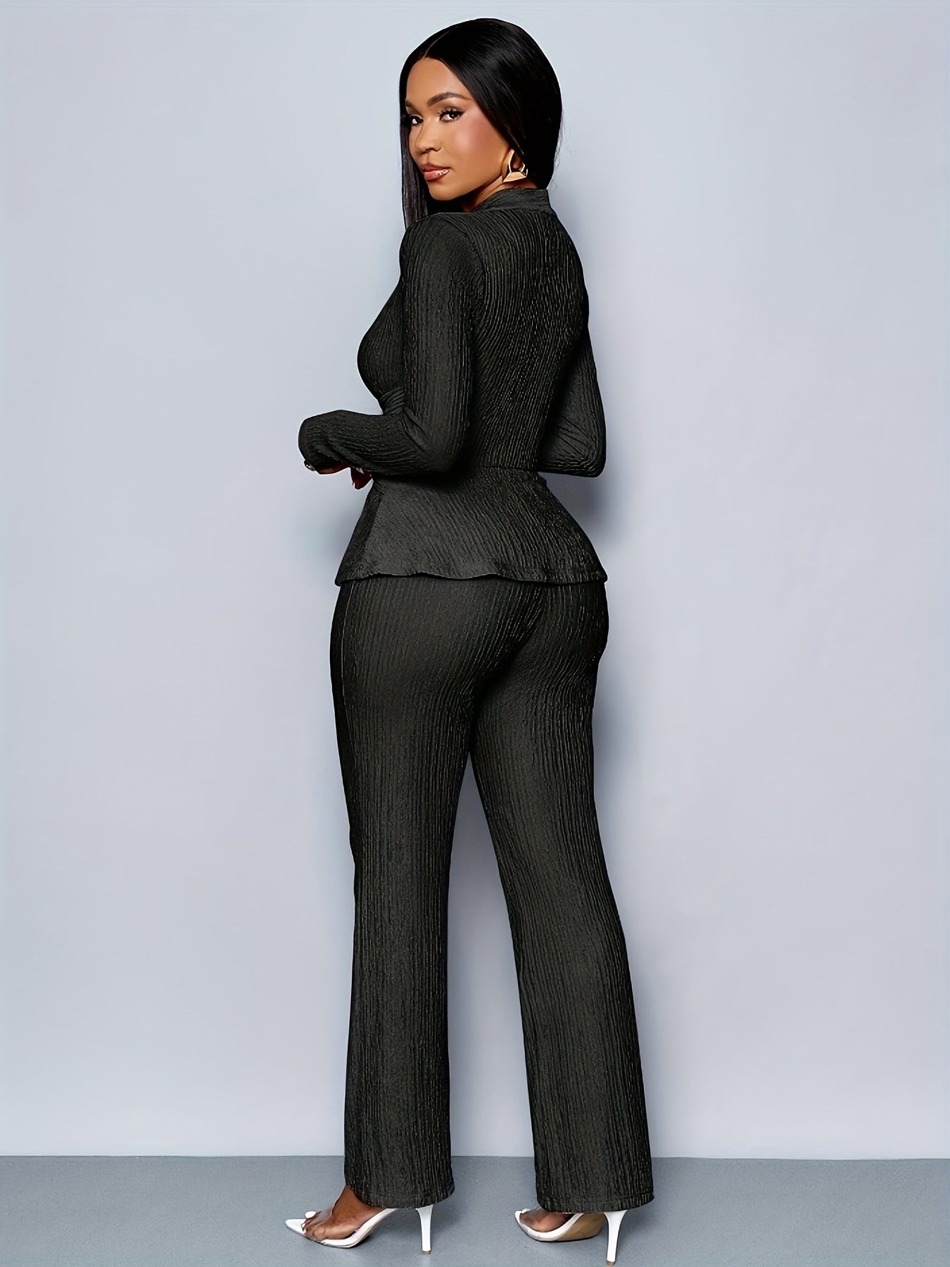 Elegant Women'S V-Neck Long Sleeve Top and Wide Leg Pants Two-Piece Set, Asymmetrical Hem Two-Piece Outfit for Casual Daily Wear, Winter Women'S Clothing