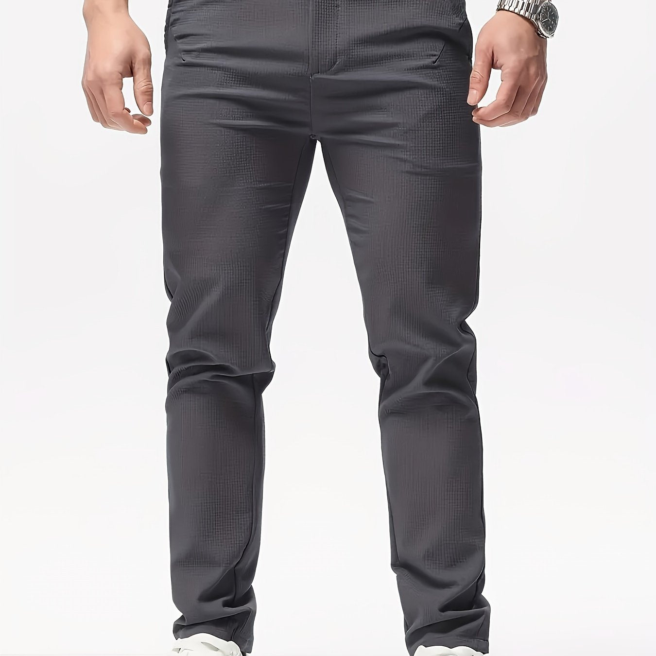 Men's Casual Solid Color Pants - Polyester, Machine Washable, Button Detail, Regular Fit for All Seasons