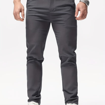 Men's Casual Solid Color Pants - Polyester, Machine Washable, Button Detail, Regular Fit for All Seasons