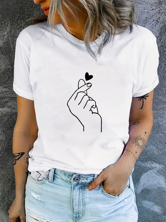 Finger Heart Print T-Shirt, Short Sleeve Crew Neck Casual Top For Summer & Spring, Women's Clothing
