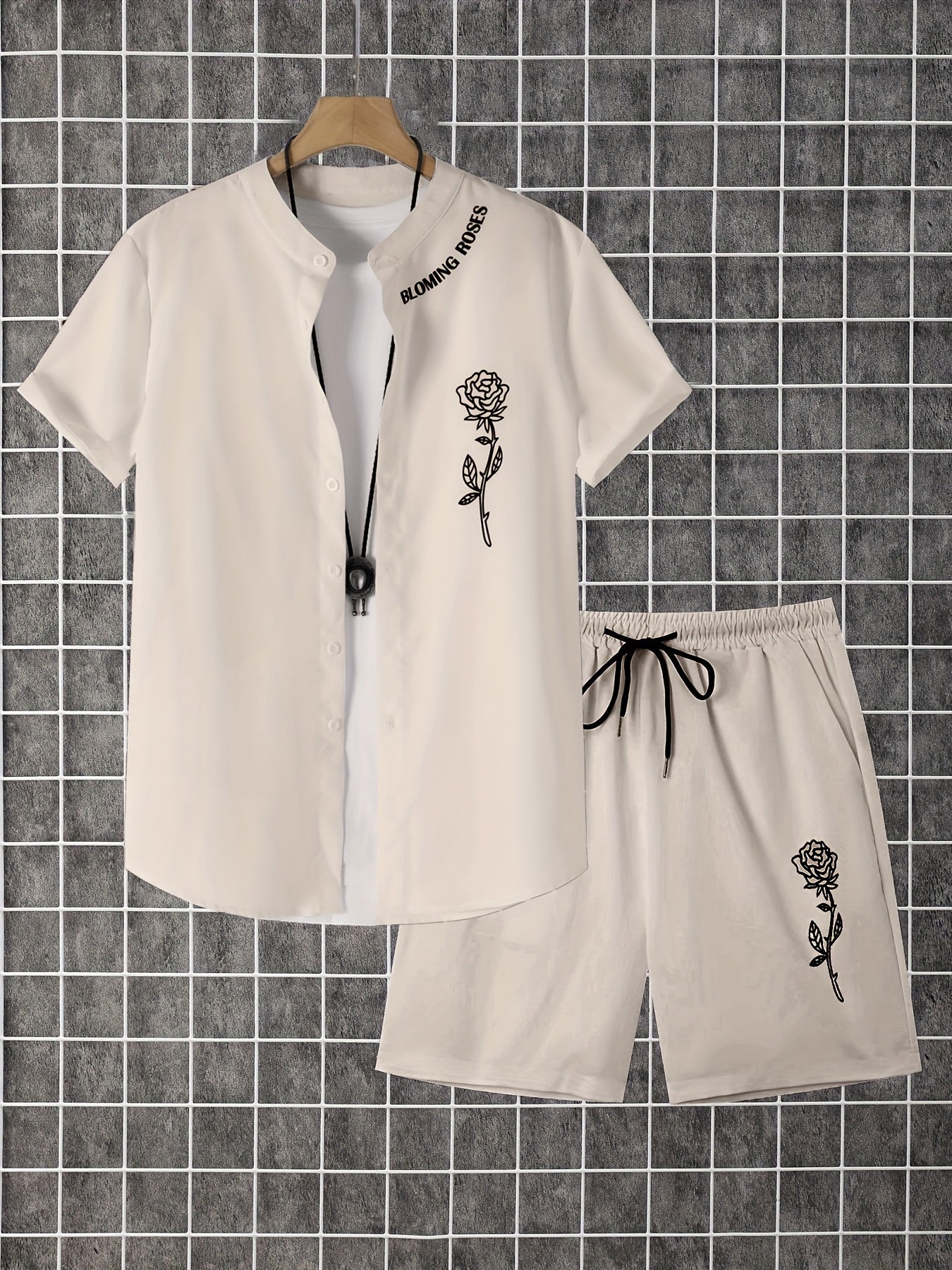 2pcs Printed Men's Summer Short Sleeve Button Shirt and Shorts Set
