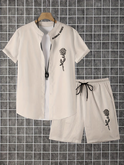 2pcs Printed Men's Summer Short Sleeve Button Shirt and Shorts Set