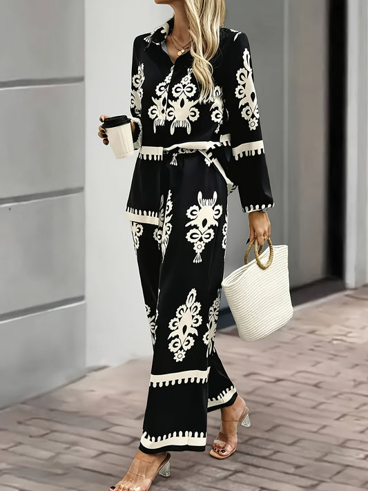 Women'S Stylish Black and White Paisley Print Two-Piece Set - Square Neck, Button-Up Blazer with Matching Pants, Perfect for Spring/Summer, Casual Attire|Paisley Print|Square Neckline, Pants Piece