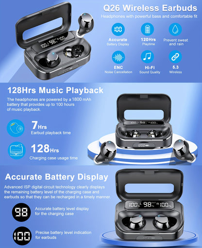 Wireless Earphones 5.3 True Wireless Earbuds with 120H Playback, LED Power Display, Wireless Charging Case, Microphone for TV, Smartphone, Laptop, Sports