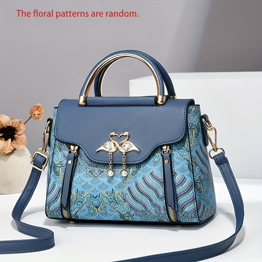 Elegant Floral Embroidered Handbag for Women - Adjustable Strap, Zipper Closure, Polyester Lining, Black & White Floral Pattern, Perfect Gift for Mom Or Family, Small Crossbody Purse, Stylish Accessory, Durable Construction