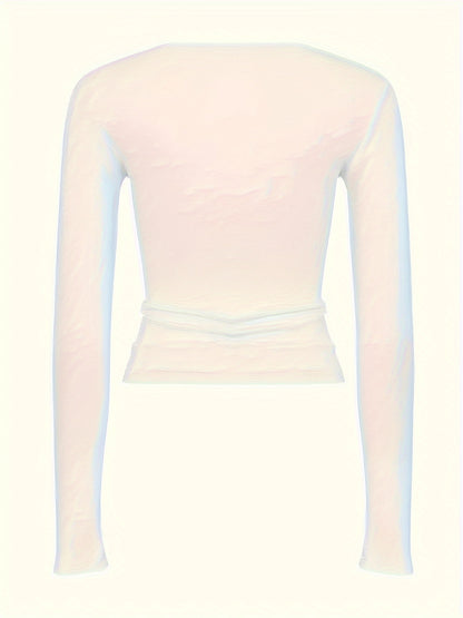 Casual T-shirt In Minimalist Style With Solid Color, Round Neck Long Sleeve Stretchy Sports T-shirt, Women's Top