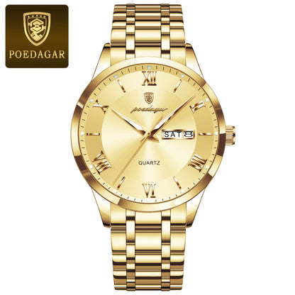 POEDAGAR Men'S Quartz Watch, Sports Style, Waterproof 3ATM, Luminous Calendar, Stainless Steel Strap, Pointer Display, Alloy Case, Electronic Drive, Non-Rechargeable Button Battery, with Spring Festival and Football Holiday T