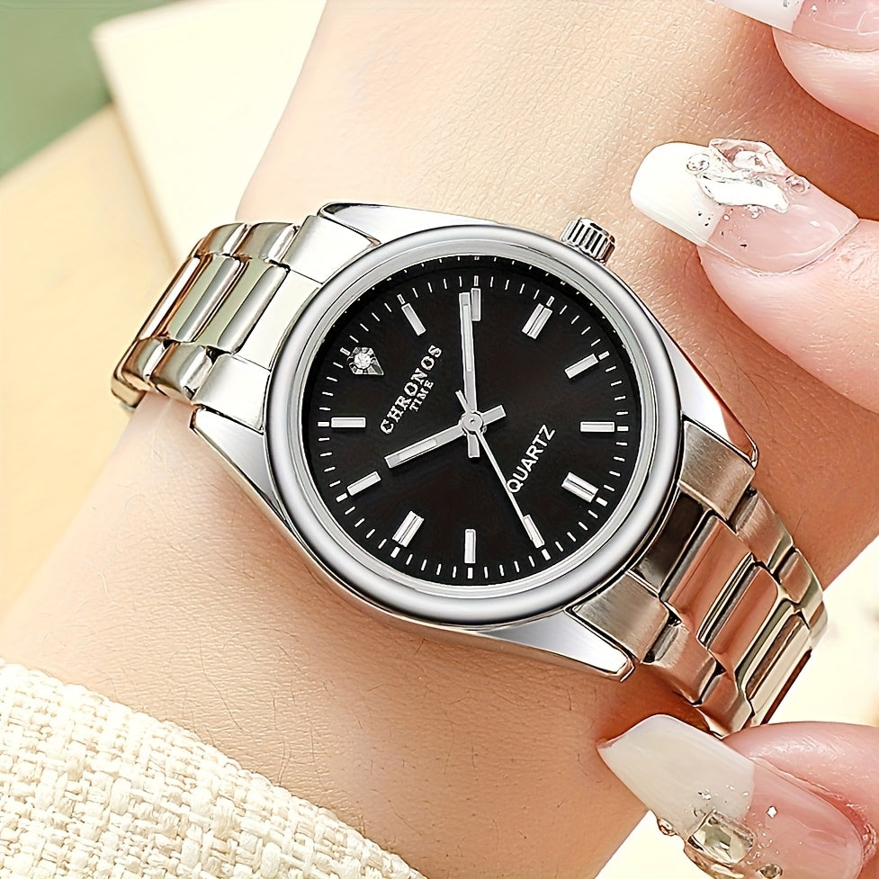 CHRONOS Women'S Quartz Watch - Elegant Stainless Steel Strap, Luminous, Round Dial, Business Casual Style, Perfect for Commuting and Casual Attire, Date Display, Pointer Display, Zinc Alloy Case, Button Battery Powered, Timer