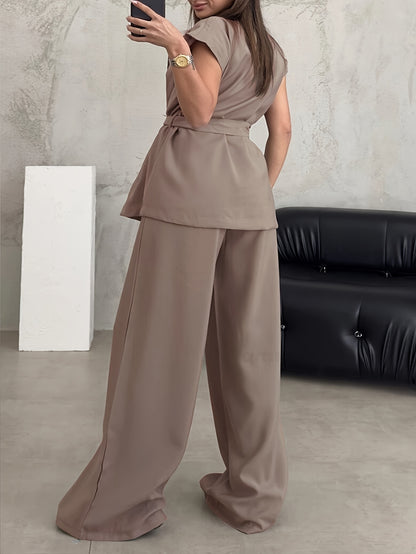 Women's Solid Color Casual Elegant Sleeveless Top and Wide-Leg Pants 2pcs Set