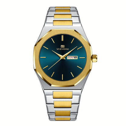 1pc Men'S Luxury Business Style Watch - Blue & Golden Stainless Steel, 42mm, Dual Calendar Quartz Movement, VA VOOM Brand, Outdoor Sports & Leisure Gift, Outdoor Sports Watch | Elegant Watch Design | Quartz Watch Movement, Lu