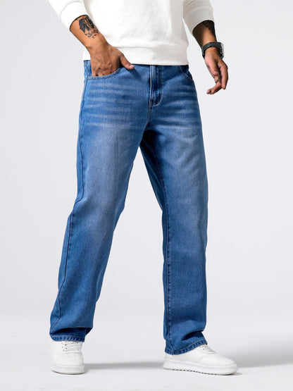 Men'S Loose Fit Straight Leg Jeans, Cotton 85% Polyester 15% Denim, Washed Solid Color Casual Style