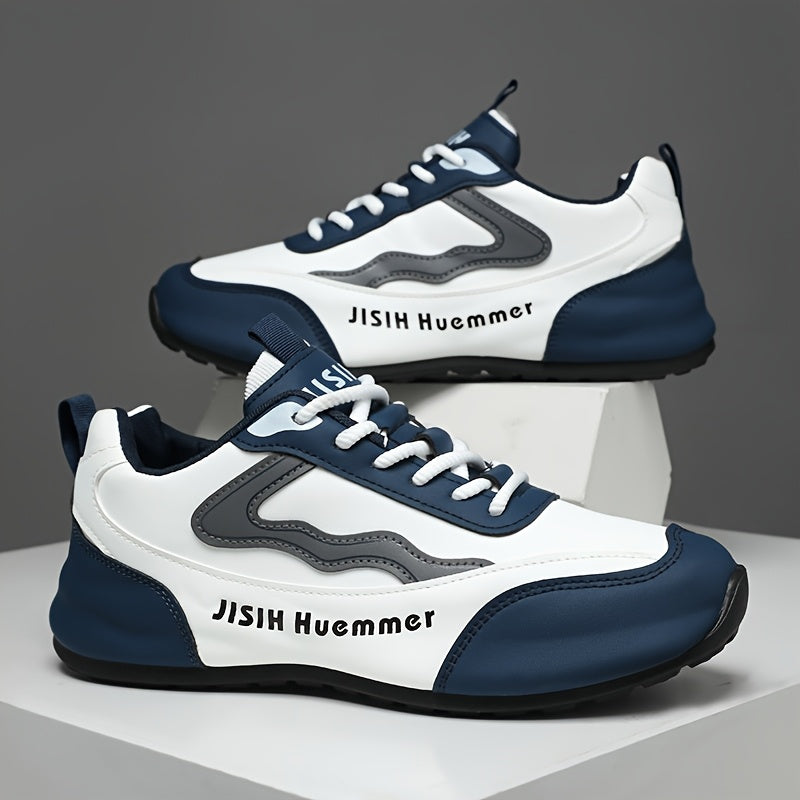 Men's Breathable Color-Block Low-Top Running Shoes - White & Navy Blue Contrast Design, Durable PU Upper & PVC Sole, All-Season Non-Slip Traction for Gym, Jogging, Casual Wear, Jogging Footwear | Sporty Look | Fabric Lined In