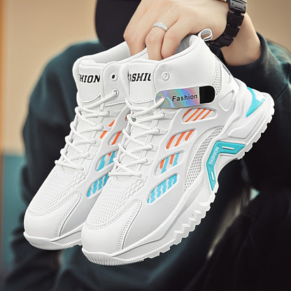 Fashion Mid-Top Sneakers for Men - Casual Street Style Athletic Shoes with Graphic Pattern, Lace-Up Closure, All-Season Round Toe Trainers with PU Upper, Fabric Lining & Insole, Anti-Slip PVC Sole