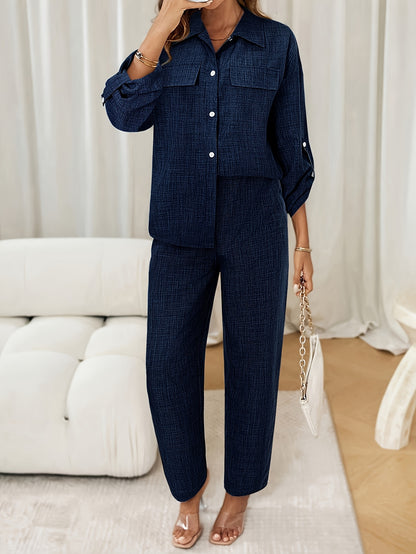 Elegant Women's Two-Piece Outfit: Solid Color Button-Up Shirt & Wide-Leg Pants Set - Polyester, Machine Washable - Perfect for Spring/Fall