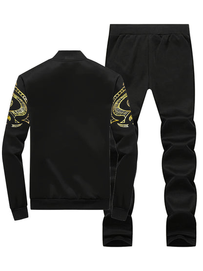 Men's Casual Print Sweatshirt & Joggers Set - Polyester, Stand Collar, Zip-Up Jacket for Spring/Fall
