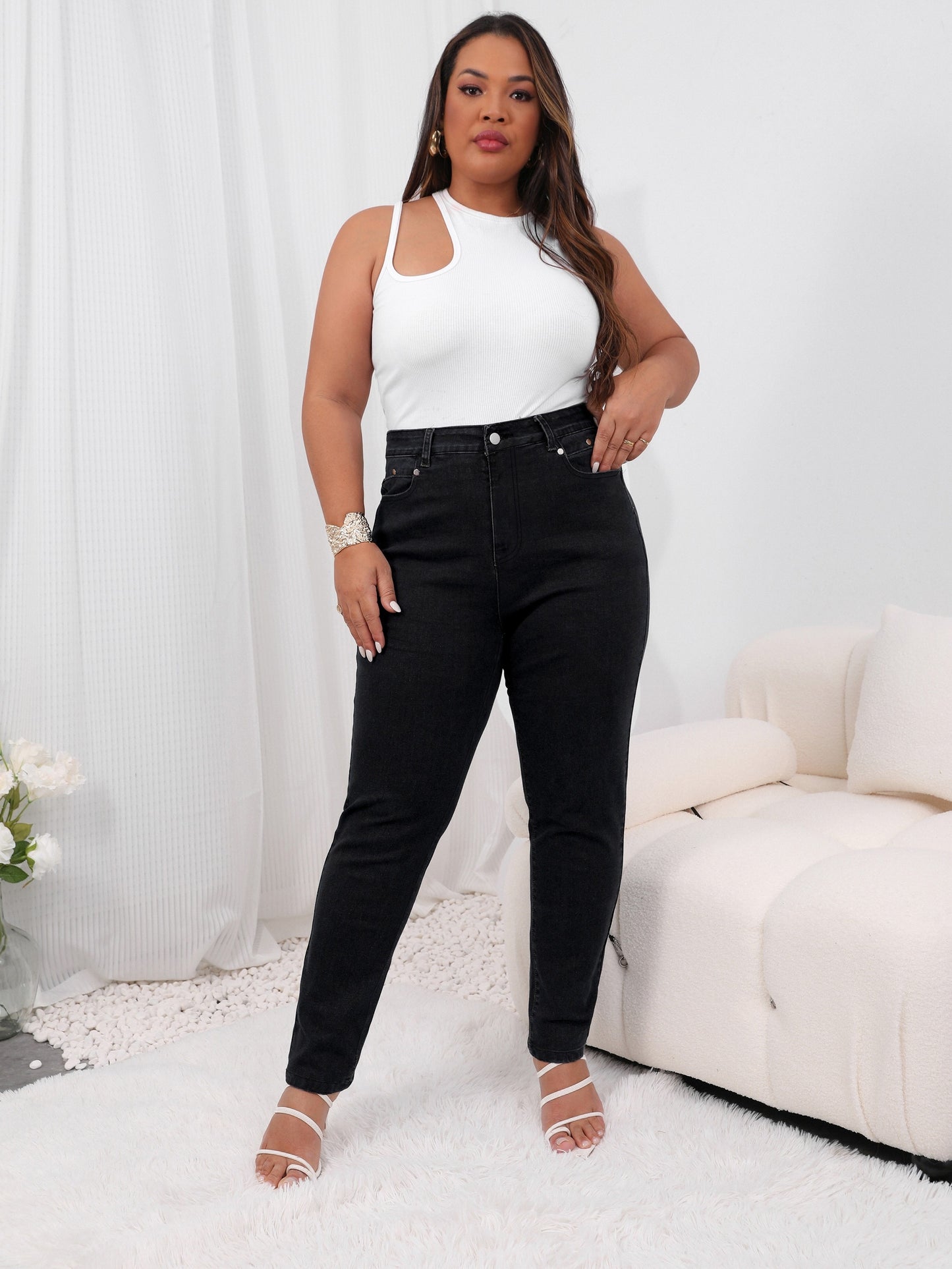 Plus Size Casual Jeans, Women's Plus Solid Button Fly High Rise High Stretch Jeans
