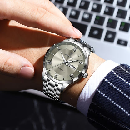 POEDAGAR Men'S Quartz Watch, Sports Style, Waterproof 3ATM, Luminous Calendar, Stainless Steel Strap, Pointer Display, Alloy Case, Electronic Drive, Non-Rechargeable Button Battery, with Spring Festival and Football Holiday T