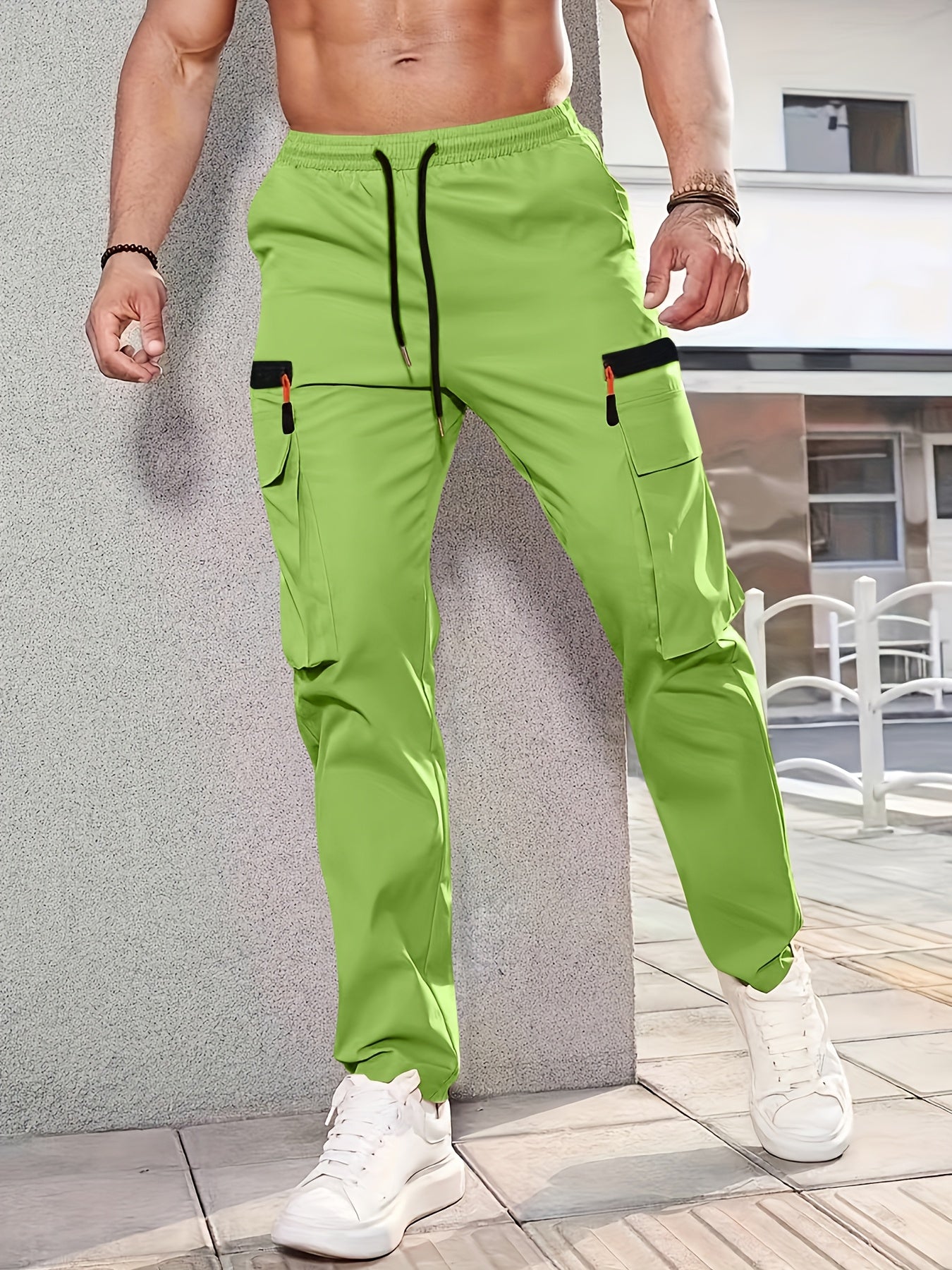 1pc Men'S Fashion Casual Cargo Pants, Solid Color Polyester Non-Stretch Fabric, All-Season Regular Fit with Multiple Pockets, Woven Straight-Leg Trousers for Sports and Leisure