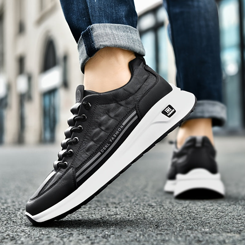 Men's Breathable Casual Sneakers - Comfortable, Versatile & Stylish Shoes for Running, Sports & Casual Attire, Black with White Accents, PU Upper & PVC Sole, Round Toe, Lace-Up Design, All-Season Use