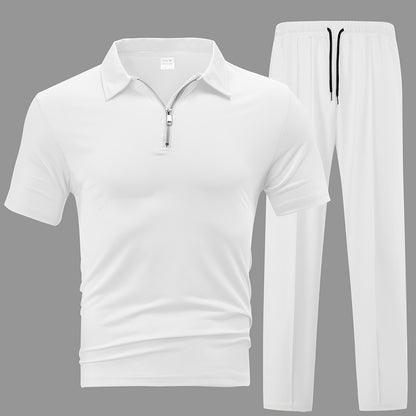Men'S Casual 2pcs Set Knitted: Zipper Short Sleeve Shirt and Drawstring Pants - Black, Polyester, Suitable for Spring/Summer Casual Wea
