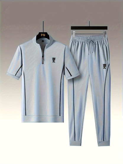 Men's Summer Casual Stand Collar Drawstring Sportswear Set
