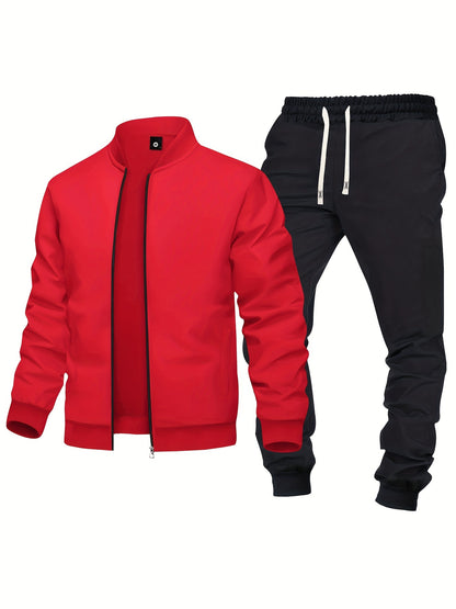 Men's Spring/Fall Casual Zip-Up Jacket & Drawstring Sweatpants Set in Olive Green & Black - Durable Polyester, Machine Washable, with Pockets for Everyday Style
