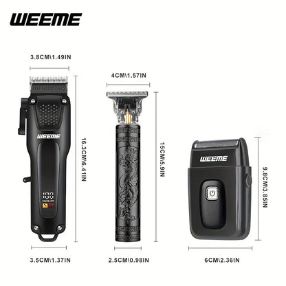 WEEME 3pcs Men's Grooming Kit: Black USB Rechargeable Electric Clipper + T-Blade Trimmer + Shaver Combo, featuring an LCD display and anti-slip textured design for precise haircuts, beard trimming, and sideburns styling—per