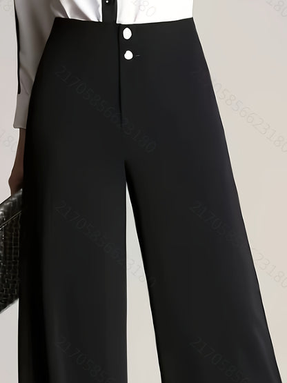 Women'S High-Waist Wide Leg Pants, Casual Solid Color Polyester Blend (94% Polyester, 6% Elastane), All-Season Straight Leg Trousers with Double Button Detail, Zipper Fly Closure, 200g/m² Woven Fabric, Perfect for Going Out