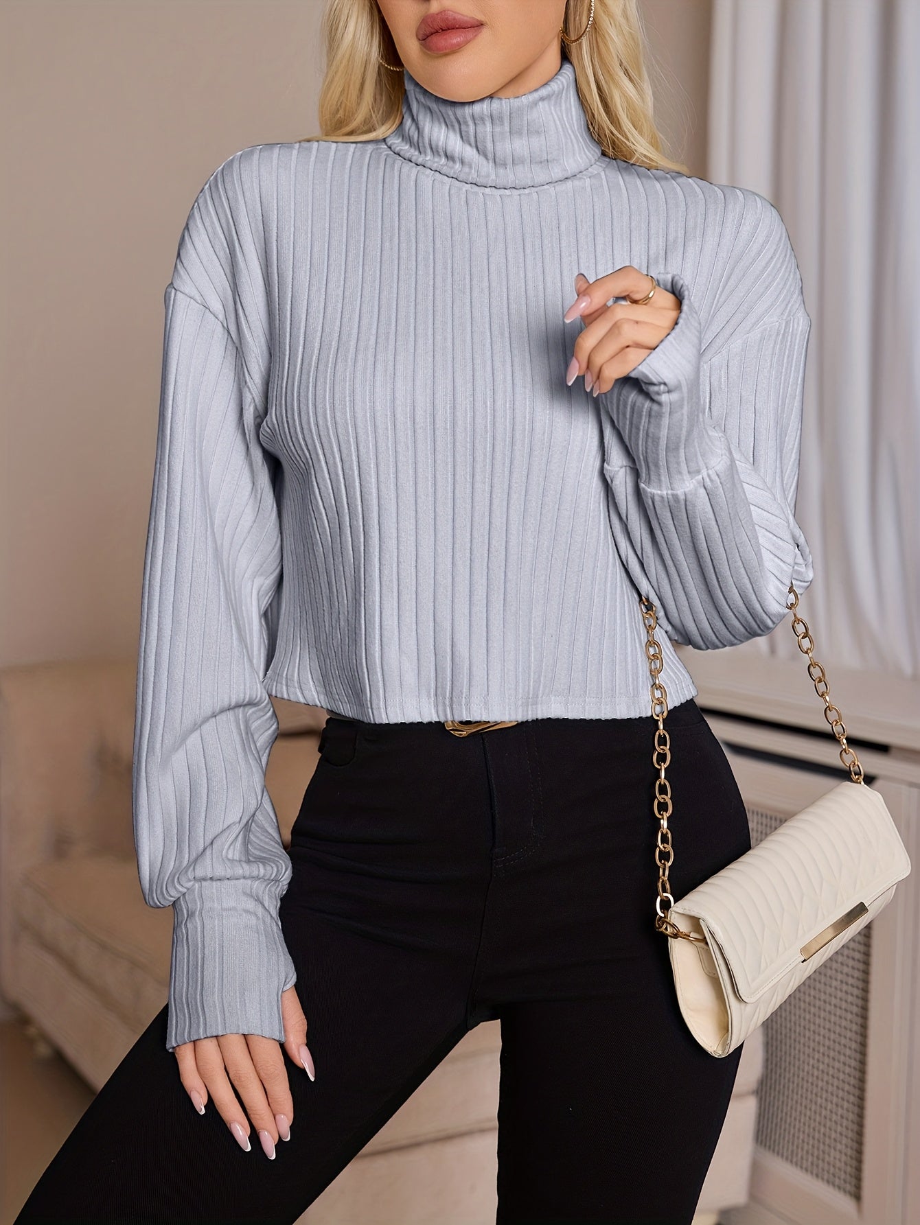 Women'S High Neck Knit Turtleneck T-Shirt, Solid Color Polyester 95% Spandex 5% Blend, Short Length, Fall/Winter Collection, 210g/m² Knit Fabric