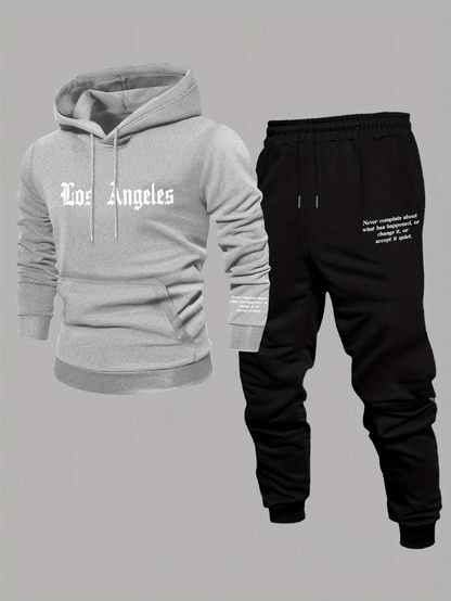 Men'S Los Angeles Print Hoodie And Sweatpants Set - Casual American Streetwear Style, Cozy Fall/Winter Activewear with Geometric Pattern, Slight Stretch Fabric, Hooded Top & Joggers, Casual Wear|Geometric Pattern Hoodiee Jogg