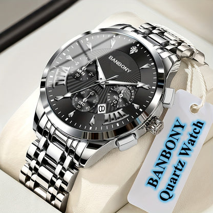 BANBONY Automatic Quartz Watch for Men & Women - Stainless Steel Strap, Blue & Golden HD Large Dial, IPX7 Waterproof, Rhinestone Accents, Date Calendar, Luminous Hands - Casual Fashion Unisex Watch for Birthday Holiday Gifts,