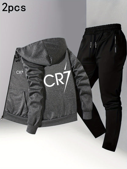 Men'S Trendy CR7 Print Hooded Jacket and Pants Set, Casual Business Suit, Youth Casual Sports Baseball Uniform with Stand Collar