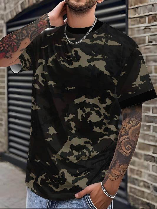 Men'S Camo Print T-Shirt - Short Sleeve, Regular Fit, Casual Style with Skull & Floral Design, Black with Brown/Beige Camouflage Pattern, Perfect for Casual Attire, Everyday Tshirt | Camo Print Tee | Stretchable Fabric