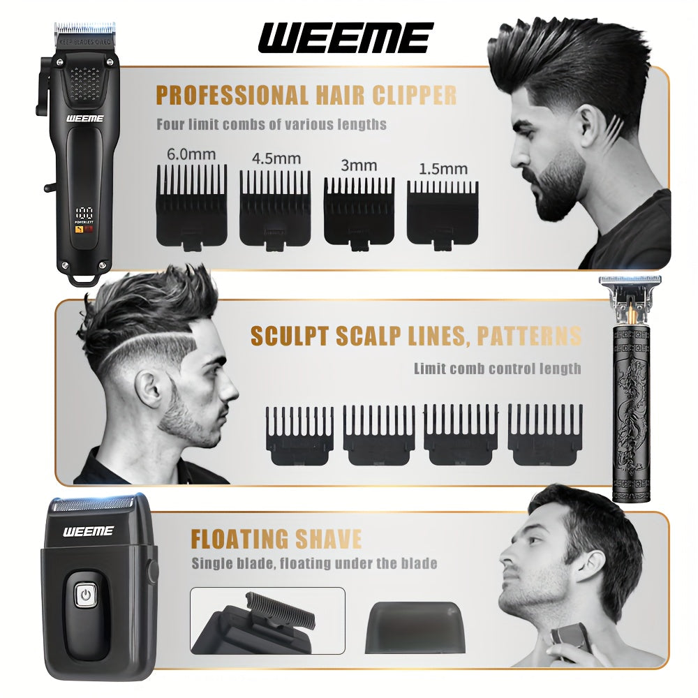 WEEME 3pcs Men's Grooming Kit: Black USB Rechargeable Electric Clipper + T-Blade Trimmer + Shaver Combo, featuring an LCD display and anti-slip textured design for precise haircuts, beard trimming, and sideburns styling—per